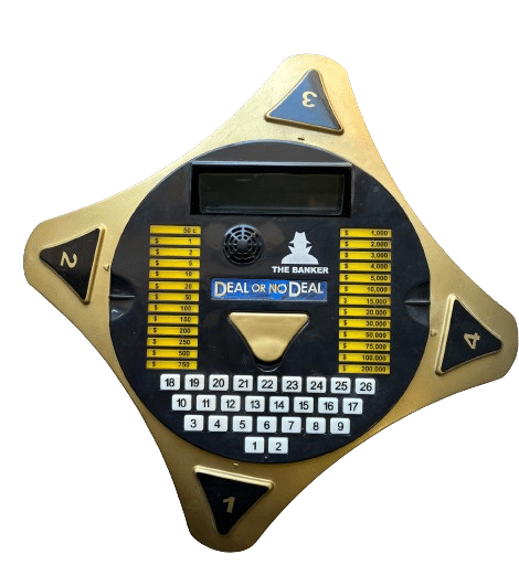 About this item Based on the highly successful "Deal or No Deal" TV game show Pick your briefcase, just like on the show, and hope it holds the cash Make a deal with the bank as you play or stay with your original case For 1-4 players Batteries Required (Sold Separately): 4 AA Batteries