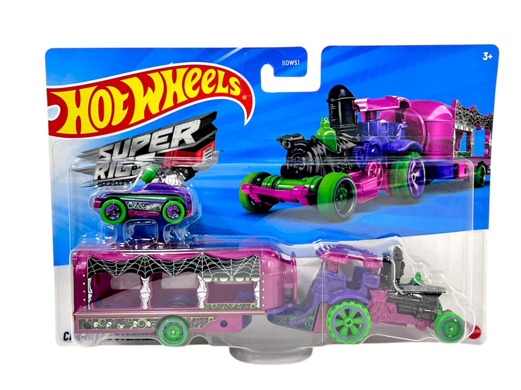 Hot Wheels SuperRigs Spooky Car-Nival Steamer Trailer + Car