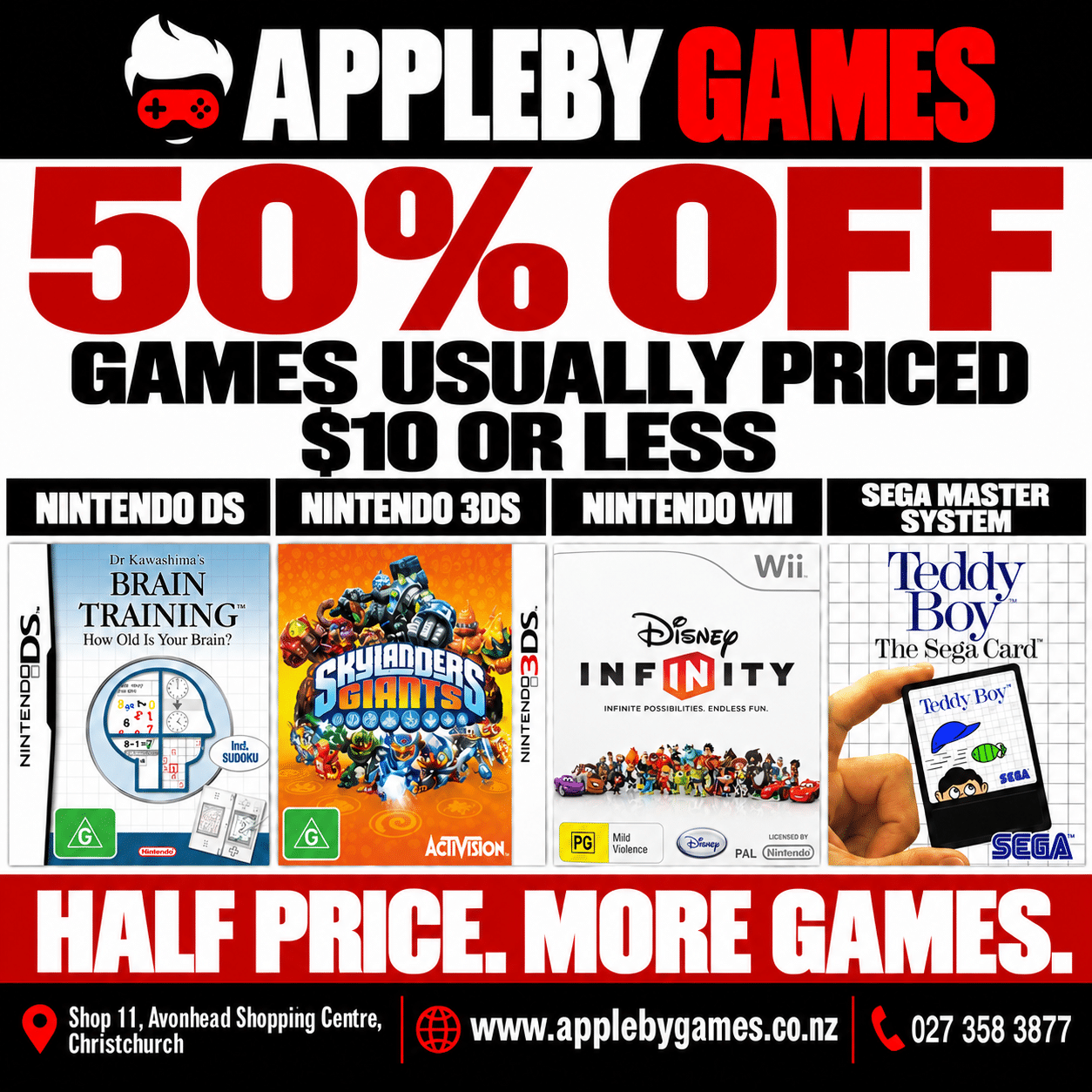 50% off games usually priced $10 or less — Nintendo DS, Nintendo 3DS, Nintendo Wii and Sega Master System
