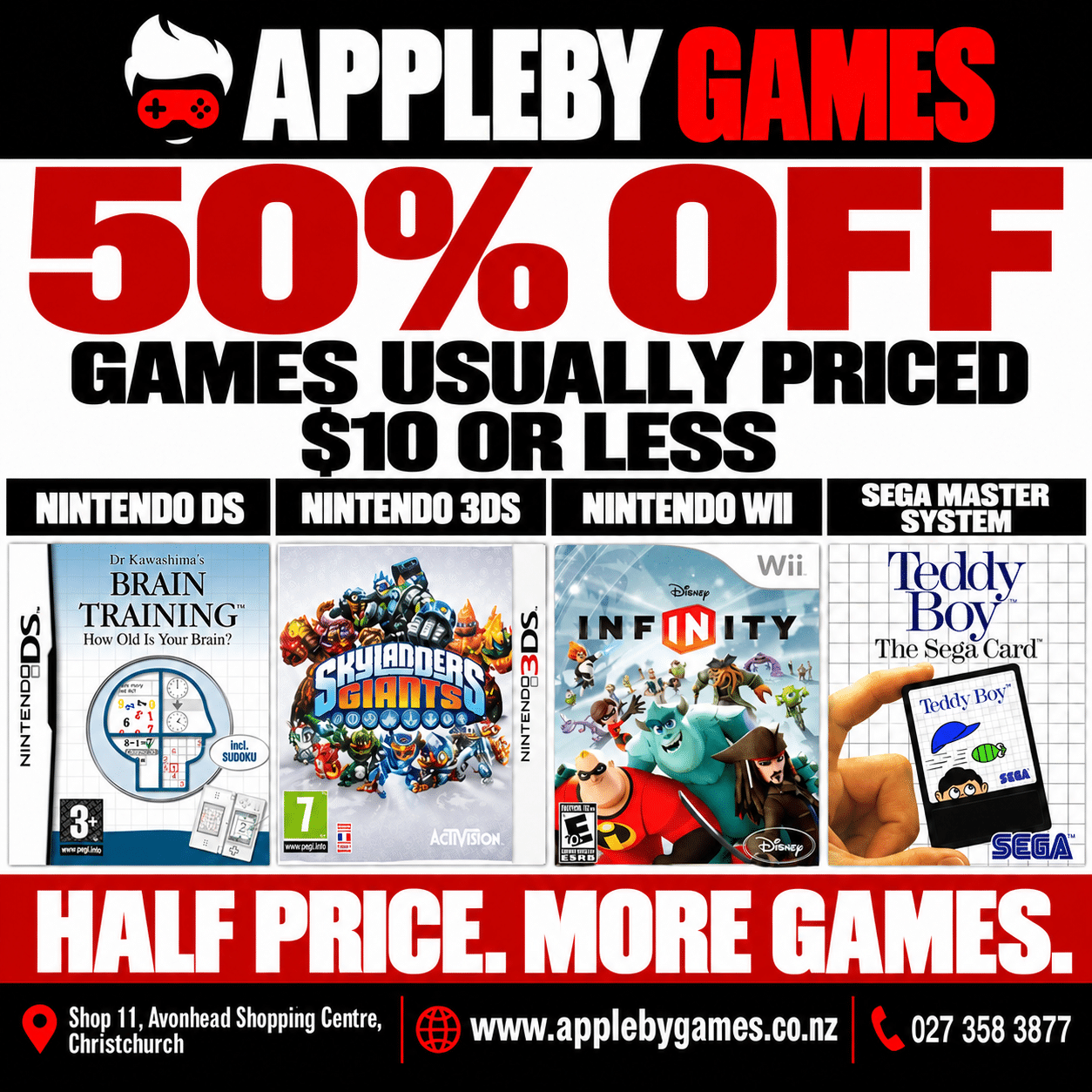 50% off games usually priced $10 or less — Nintendo DS, Nintendo 3DS, Nintendo Wii and Sega Master System