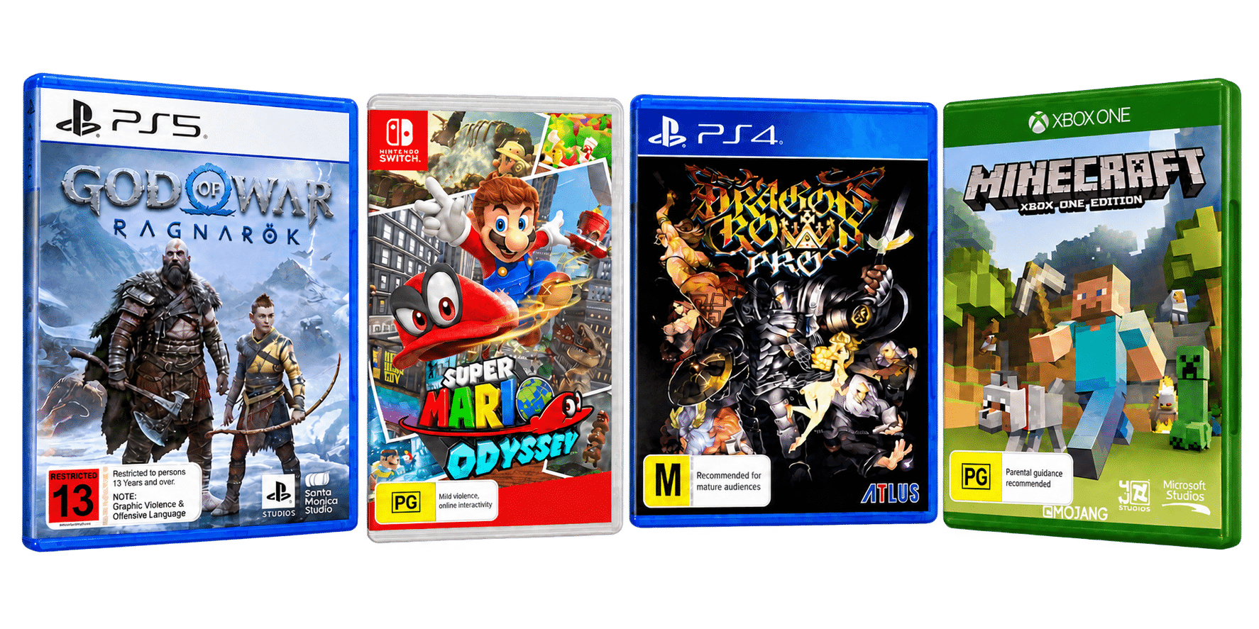 God of War Ragnarök, Super Mario Odyssey, Dragon’s Crown Pro and Minecraft in their physical retail cases