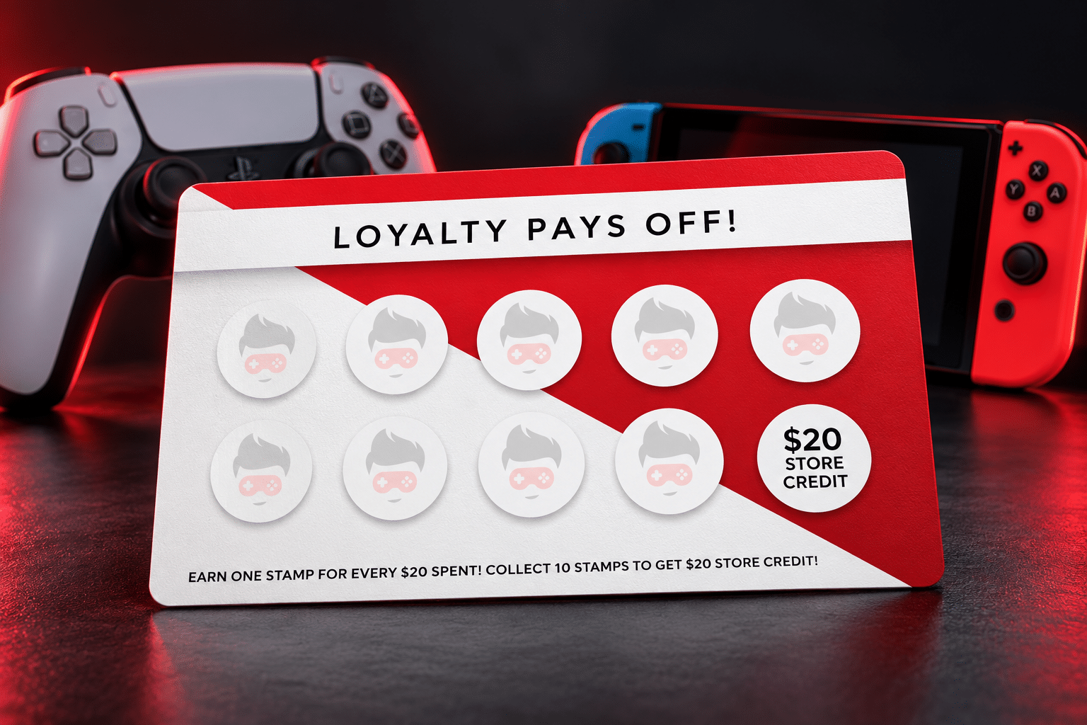 Appleby Games loyalty card: collect 10 stamps for $20 store credit