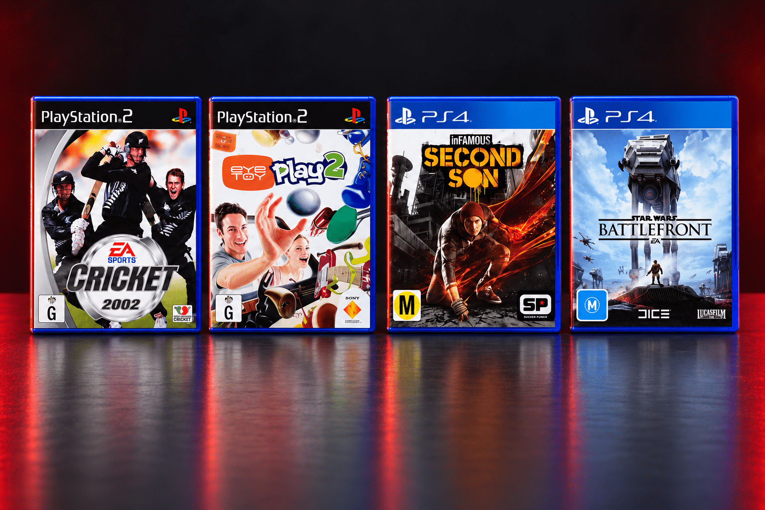 Cricket 2002 and EyeToy Play 2 for PS2; inFAMOUS Second Son and Star Wars Battlefront for PS4 — NZ and Australian cover editions