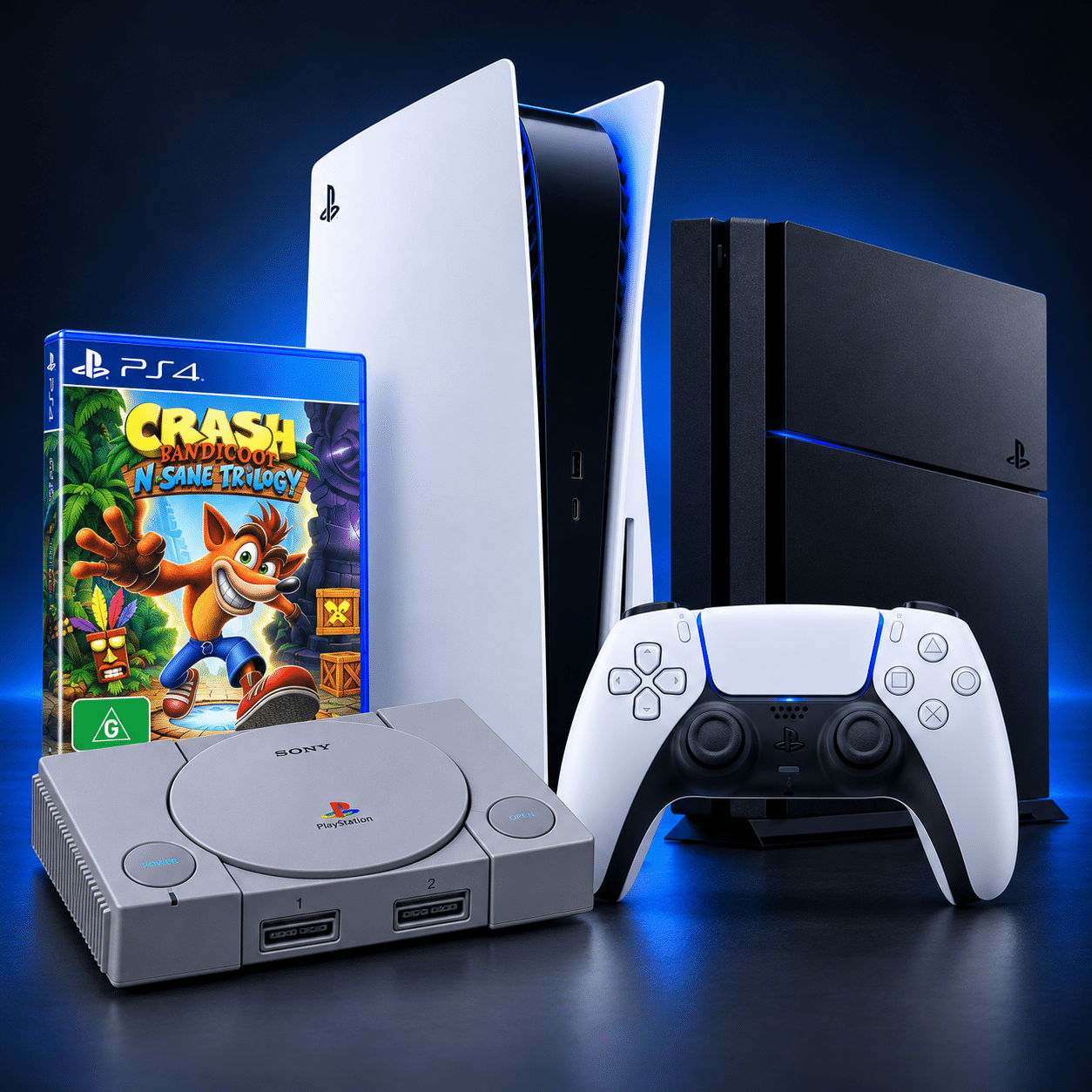 PlayStation gaming hardware including PS1 and Crash Bandicoot